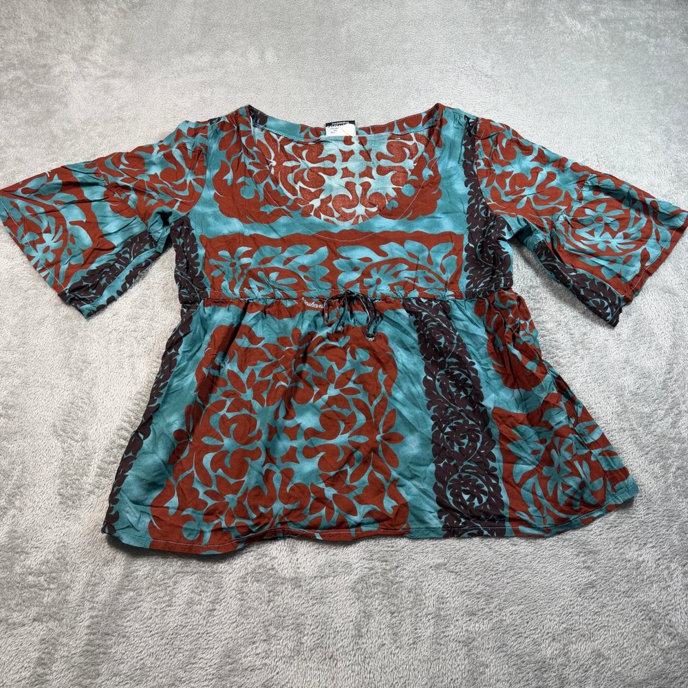 Manuheali'i Blouse Women XXL Blue Rust Floral Rayon Bell Sleeve Hawaiian